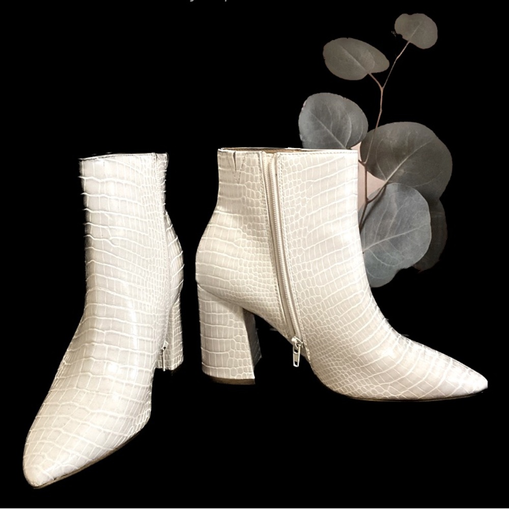 White chunky heel booties